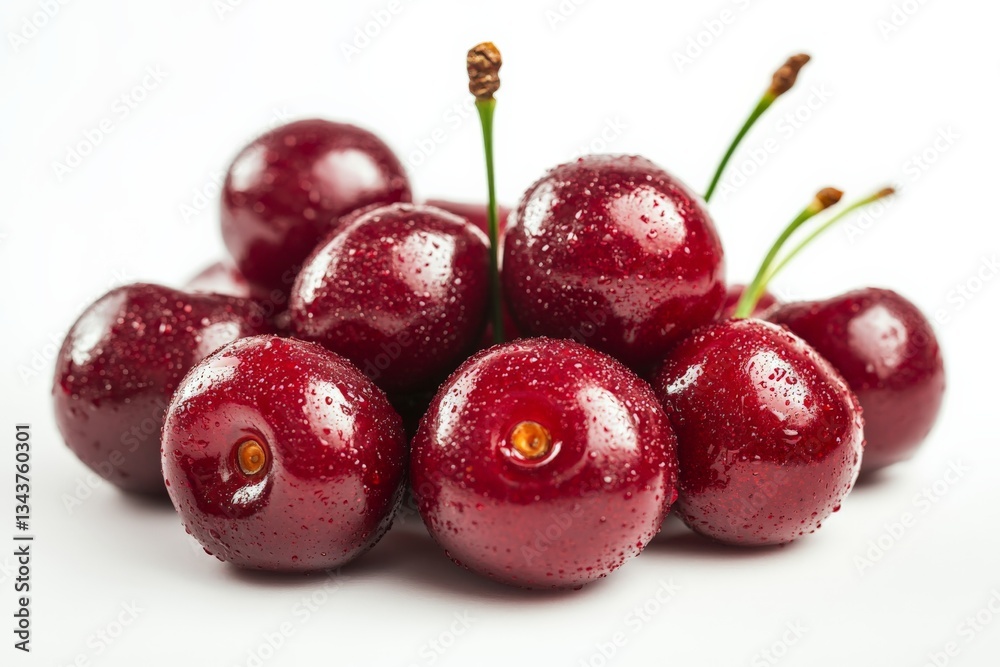 Poster fresh cherries with droplets of water in a close-up arrangement on a white background