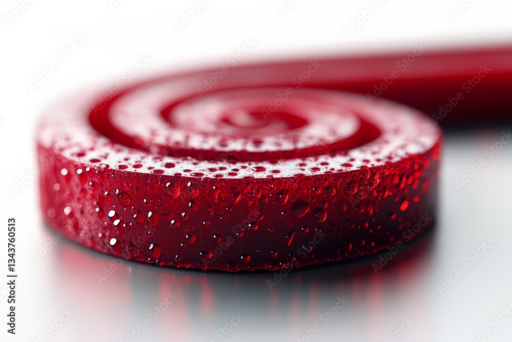 Poster Bright red spiral candy resting on a smooth surface glistening with moisture in a close-up view