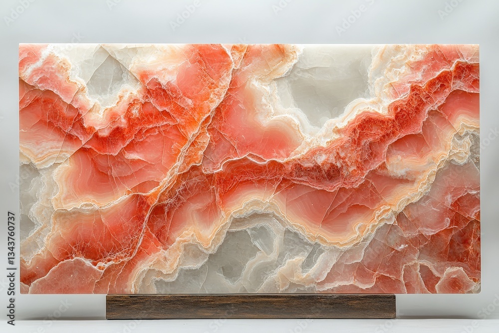 Poster Beautiful red onyx stone slab with intricate patterns displayed on a wooden stand in a well-lit studio setting
