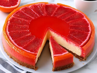 Delicious cheesecake decorated with grapefruit slices and a slice missing