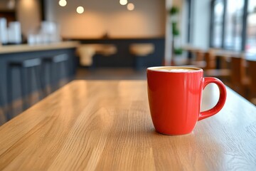 Fototapeta premium Bright red mug filled with coffee sits on a wooden table in a cozy cafe during morning hours
