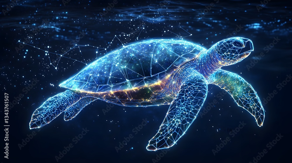 Poster a digital artwork depicting a celestial sea turtle with a glowing polygonal effect. this is an abstr