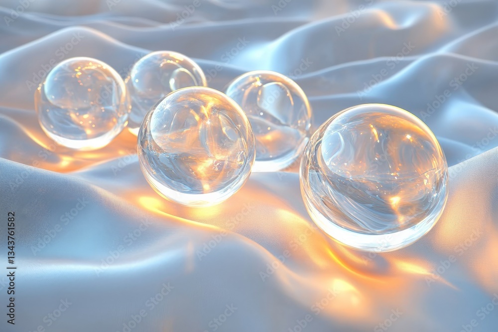 Aufkleber Clear glass spheres on a soft white fabric illuminated by warm light create a serene and elegant ambiance