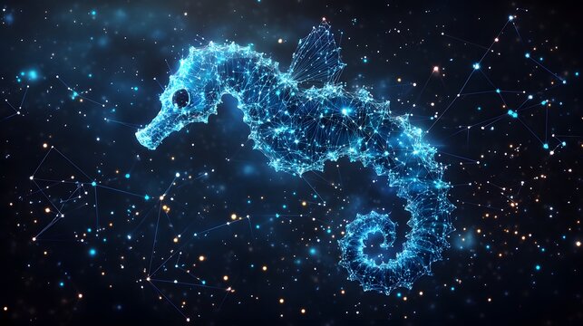 A digital art of a Celestial seahorse shaped by stars and constellations in deep space. Animal star constellation. Sky zodiac horoscope background. A Cosmic Dance of Light and Life
