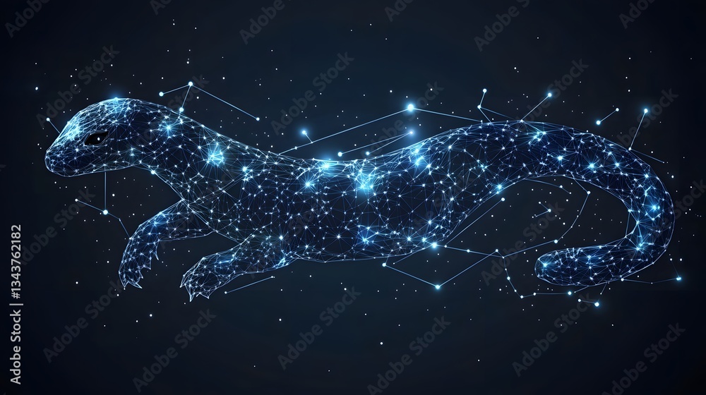 Poster a stunning digital art piece depicting a lizard as a constellation. glowing points and lines create 