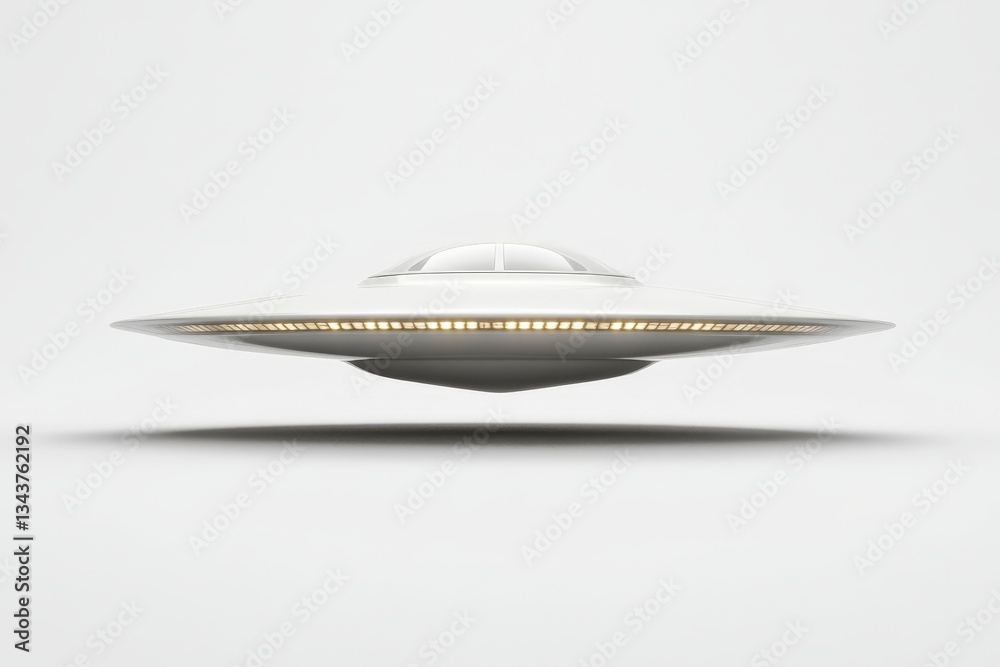 Poster UFO hovering in a neutral gray background showcasing futuristic design and smooth contours