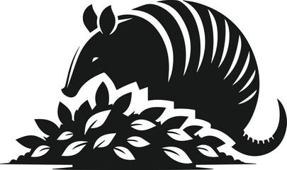 Armadillo sniffing a pile of leaves silhouette