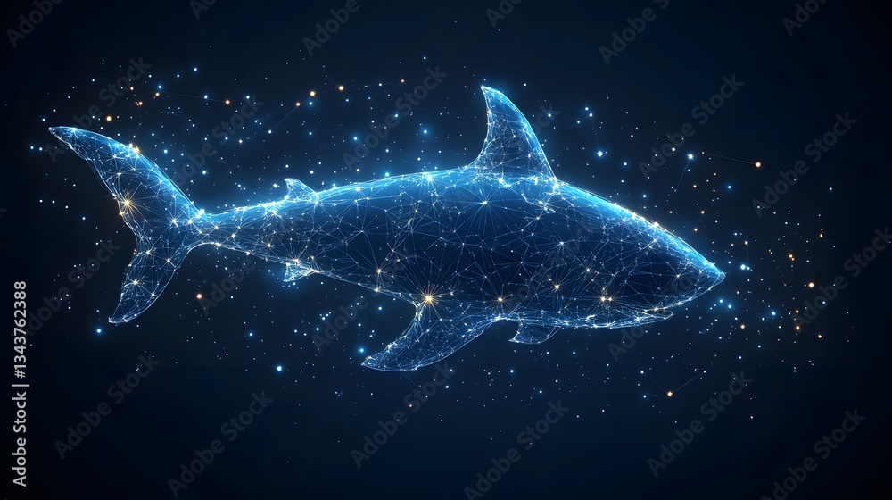 Poster a stunning digital artwork depicting a shark formed from constellations and lines of light. a modern