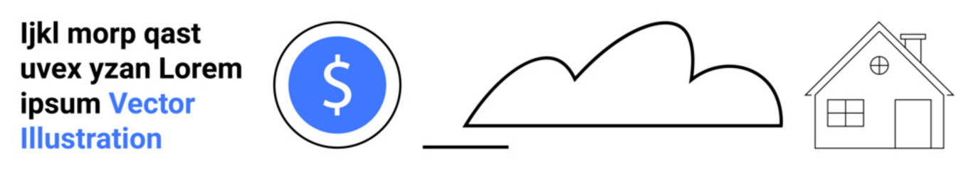 Dollar coin, abstract cloud shape, and house icon conveying concepts of finance, cloud storage, and home technology. Ideal for finance, housing, cloud services, technology investment savings