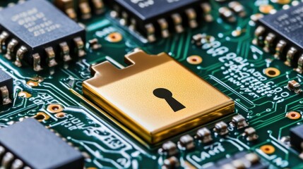 A close-up of a circuit board featuring a golden padlock symbolizing security.