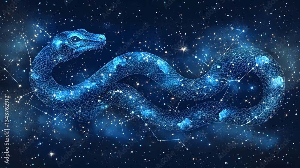 Poster a mesmerizing cosmic snake formed by stars and constellations in deep space. a digital art piece ble