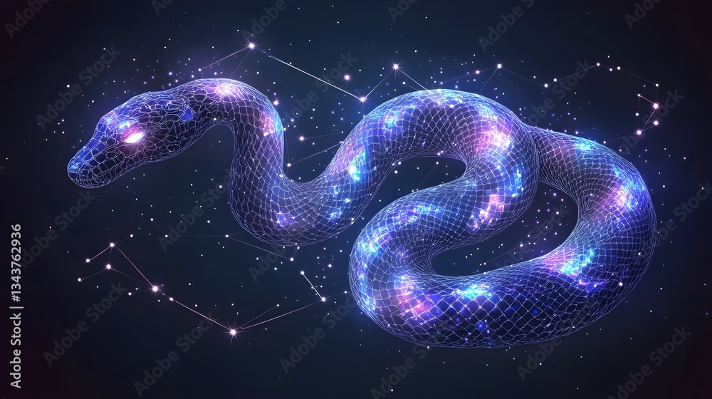 Poster digital art of a glowing snake in space, surrounded by constellations. cosmic and mystical. animal s