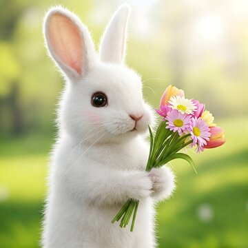 Zajączek wielkanocny z małym bukietem kwiat&oacute;w