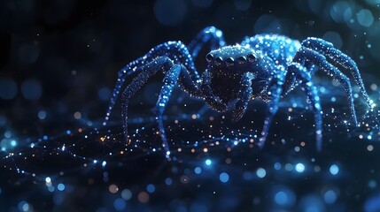 A mesmerizing digital spider, its body radiating a luminous blue glow, set against a dark background. A beautiful example of digital art. Animal star constellation. Sky zodiac horoscope background