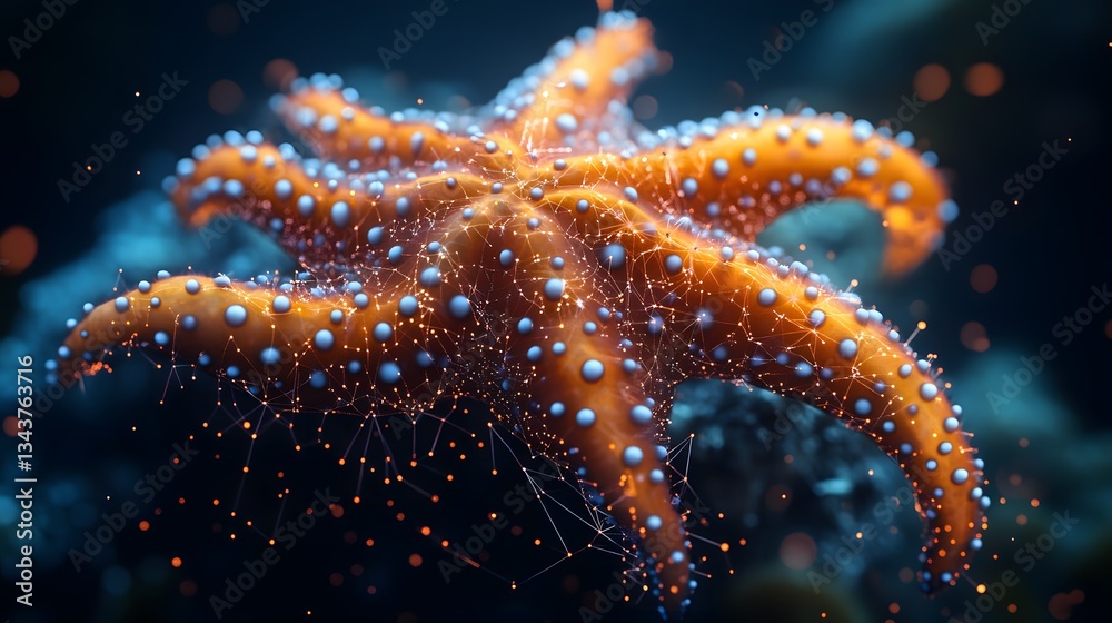 Poster A digitally rendered starfish, glowing with vibrant colors and intricate network connections, creates a surreal underwater scene. Animal star constellation. Sky zodiac horoscope background