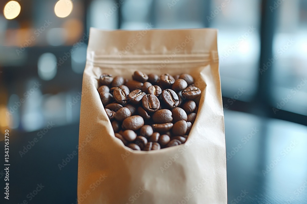 Poster freshly roasted coffee beans in a sealed bag displayed on a counter in a cozy cafe setting during da