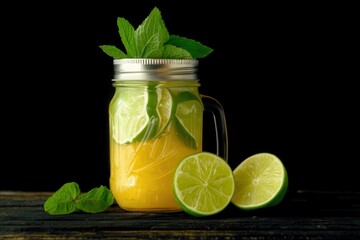 Fresh Passion Fruit Juice in Mason Jar: A mason jar filled with fresh passion fruit juice, garnished with lime slices and mint leaves