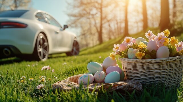 Easter picnic basket filled with colorful eggs on spring meadow near parked car, daisies in bloom, sunny day outdoors