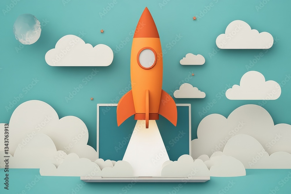 Fototapete creative digital art of an orange rocket launching from a laptop surrounded by clouds and a blue sky