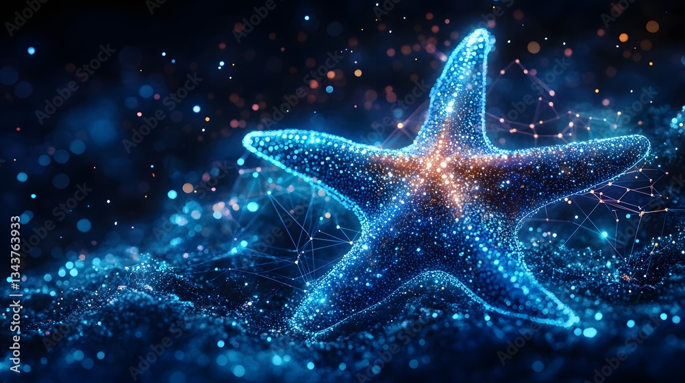 Poster a digital artwork depicting a glowing starfish in a dark blue ocean. sparkling particles surround it