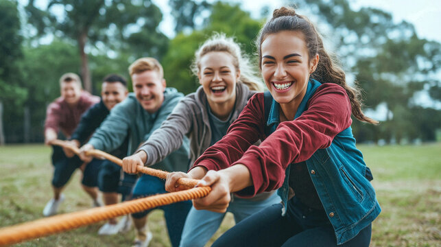 Young Friends Playing Tug Of War Game In Green Park