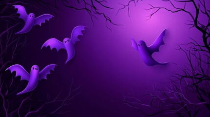 Whimsical halloween night scene with flying purple ghosts and spooky tree branches