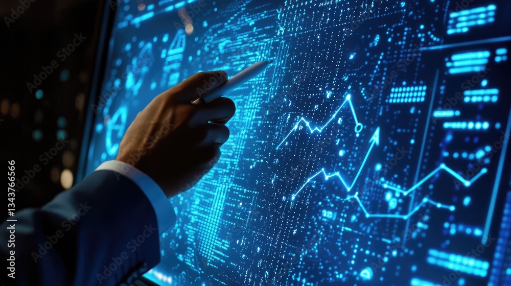 Poster a business professional interacts with a digital interface displaying data analytics and trends in a