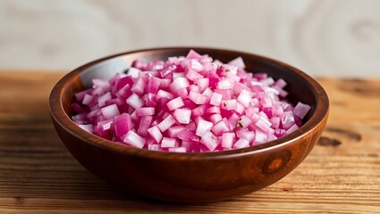 Red Onion Dice in Wooden Bowl on Table