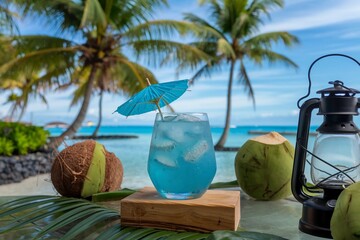 Obraz premium Refreshing tropical drink served with coconut and beach view under palm trees