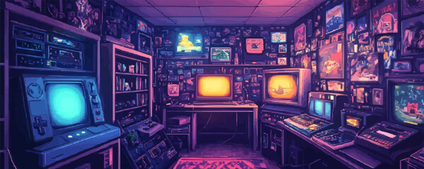 Retro gamer's paradise with vintage consoles and glowing screens