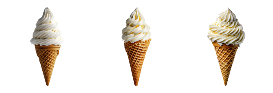 Delicious Soft Serve Ice Cream Cones with Swirled Creamy Texture in Golden Waffle Cones