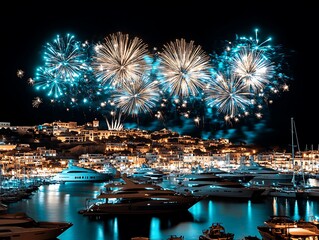 Spectacular fireworks explode over a harbor filled with yachts and buildings