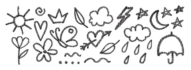 Vector set of hand-drawn doodles in crayon and pencil style. Playful kids drawings featuring sun, clouds, hearts, crown, stars, and more. Fun sketchy elements perfect for creative designs.