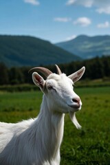 Fototapeta premium there is a goat that is standing in the grass with mountains in the background