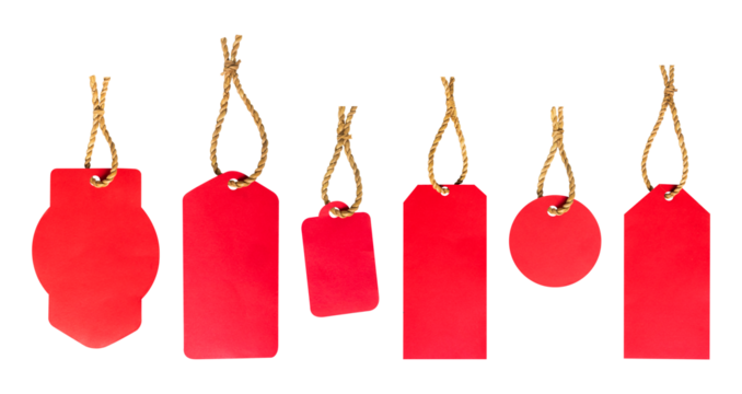Collection of red label tag with rope isolated on white