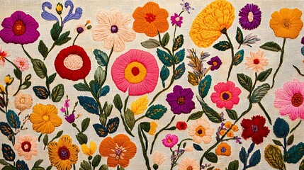 A close-up shot of a vibrant hand-embroidered floral artwork, featuring colorful Mughal-style patterns stitched on natural fabric with high detail