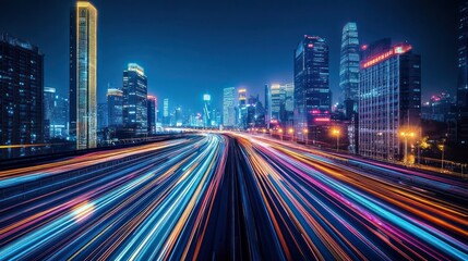 Obraz premium A vibrant cityscape at night with light trails from moving vehicles and illuminated buildings.