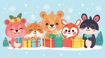 Fototapeta premium Cute animals with Christmas gifts