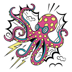 Obraz premium Energetic Pop Art Octopus with Swirling Tentacles and Comic Motion Effect