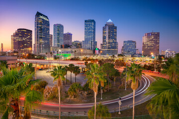 Tampa, Florida, USA. Aerial cityscape image of Tampa, Florida at beautiful sunset.