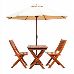Patio Set Wooden Table Folding Chairs and Cream Parasol for Outdoor Dining