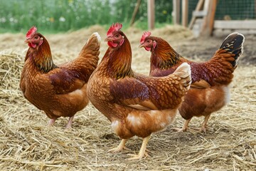 Fototapeta premium Chickens on a chicken farm grazing outdoors, domestic animal husbandry concept 