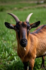 Fototapeta premium there is a goat with horns standing in a field of grass