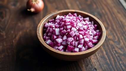Red Onion Dice in Wooden Bowl on Table