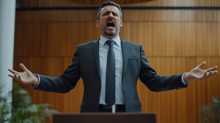 Emotional outburst: A furious man in a suit, his red face revealing intense frustration.