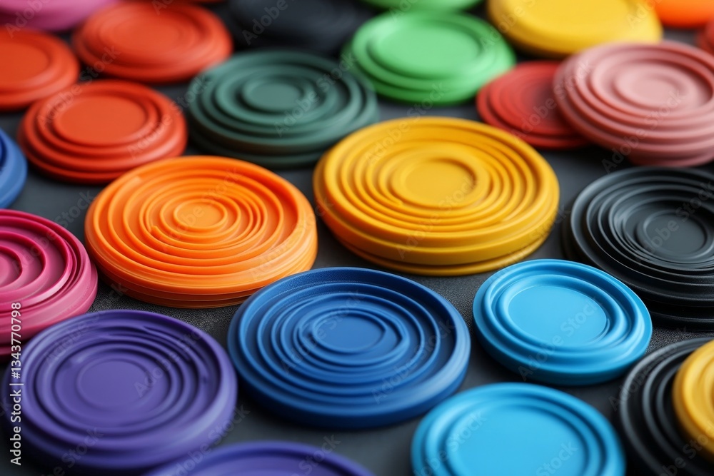 Poster colorful circular plastic discs arranged neatly on a dark surface showcasing various sizes and hues