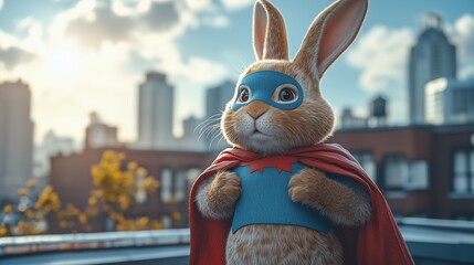 Realistic Easter Bunny Dressed as Minimalist Superhero with Cape and Mask, Standing on Rooftop, City Skyline in Background, Bright Daylight