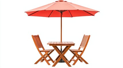 Outdoor Patio Set Red Umbrella Wooden Table Two Folding Chairs Summer Relaxation