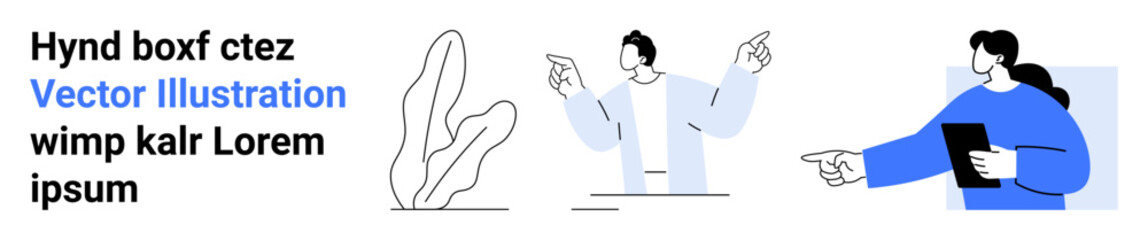 Two people discussing ideas with gestures and holding a tablet, alongside abstract plant shapes. Ideal for teamwork, communication, brainstorming, modern design, creativity, discussions, simple