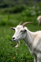 Fototapeta premium there is a goat with long horns standing in a field